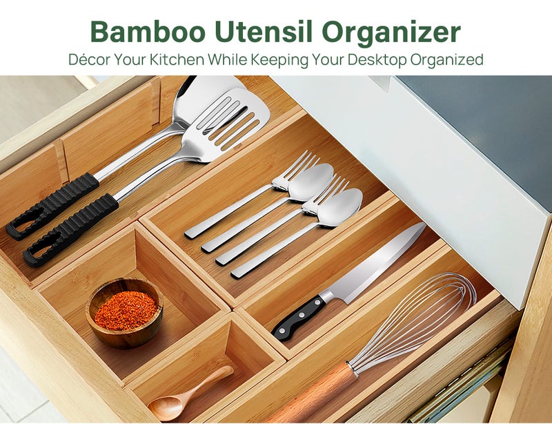 Kootek Bamboo Drawer Organizer with Removable Dividers, 6 Pcs Adjustable Kitchen Drawer Organizer Utensils Bamboo Organizers Silverware Storage Box Cutlery Tray Multi-Use for Bathroom, Makeup, Office - Image 5