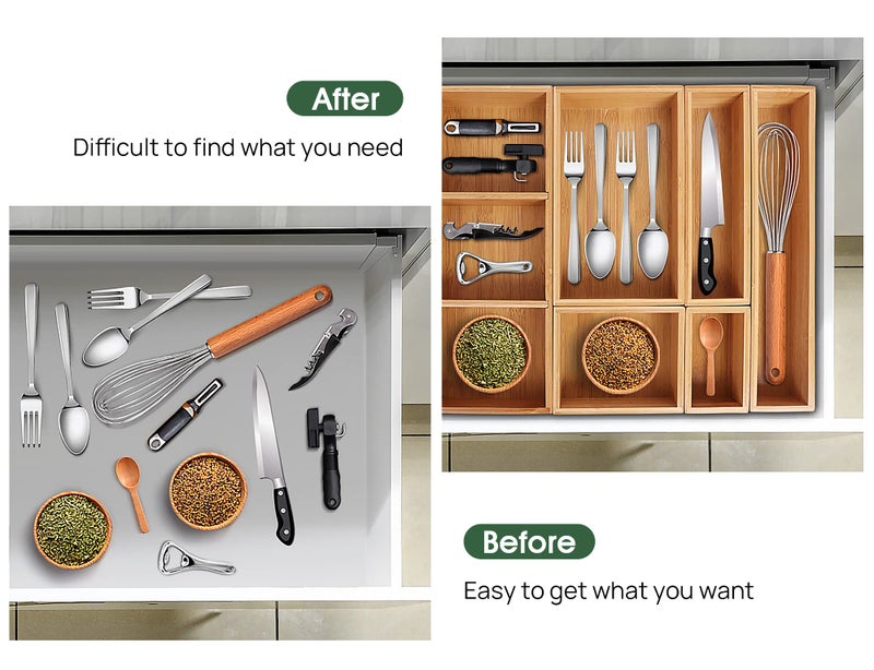 Kootek Bamboo Drawer Organizer with Removable Dividers, 6 Pcs Adjustable Kitchen Drawer Organizer Utensils Bamboo Organizers Silverware Storage Box Cutlery Tray Multi-Use for Bathroom, Makeup, Office - Image 4