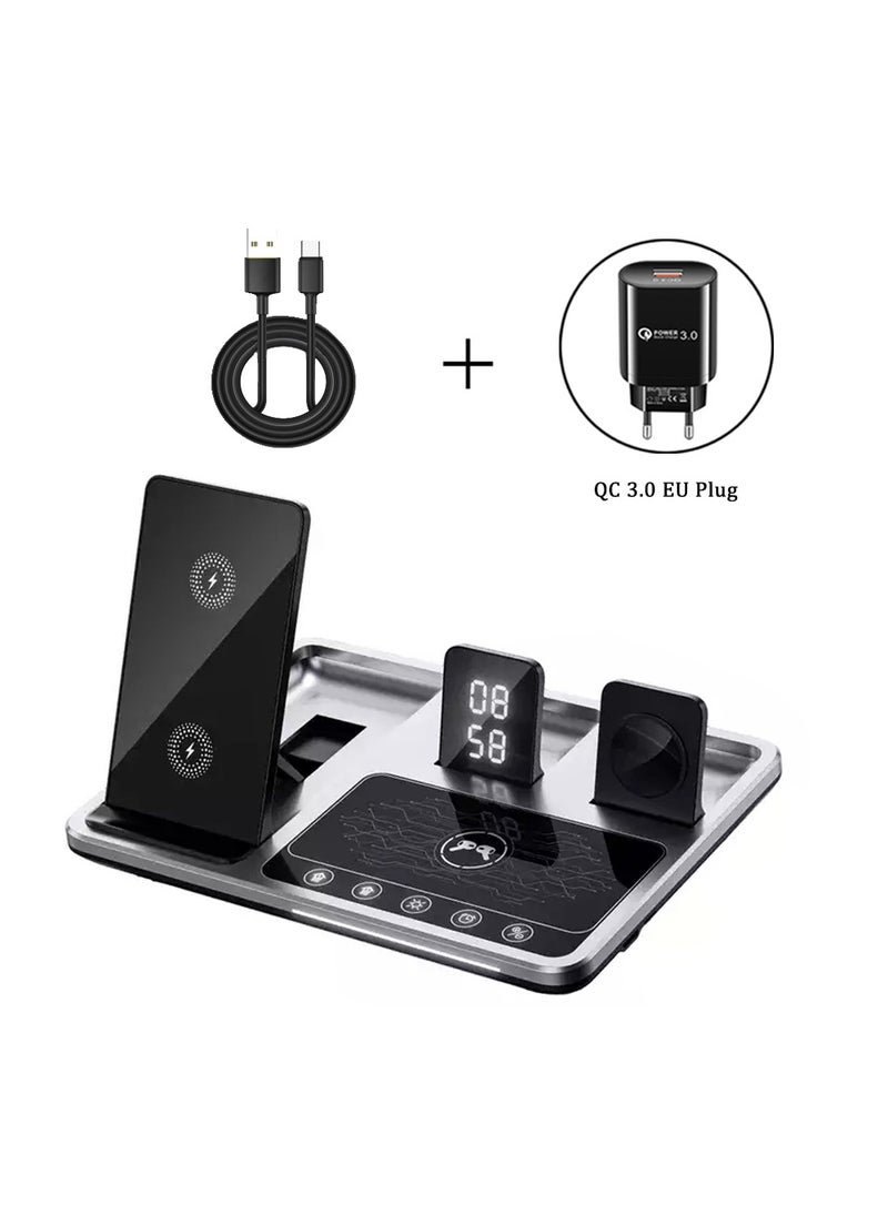 Generic - 4-in-1 Wireless Charger Dock with Alarm Clock - Fast charging stand for iPhone 15,14, 13, 12, iWatch, AirPods, and other mobile devices, offering a versatile and convenient charging station. - Image 1