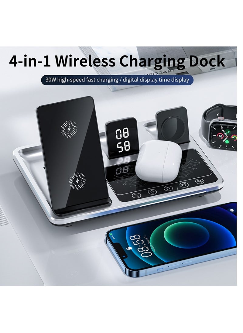 Generic - 4-in-1 Wireless Charger Dock with Alarm Clock - Fast charging stand for iPhone 15,14, 13, 12, iWatch, AirPods, and other mobile devices, offering a versatile and convenient charging station. - Image 1