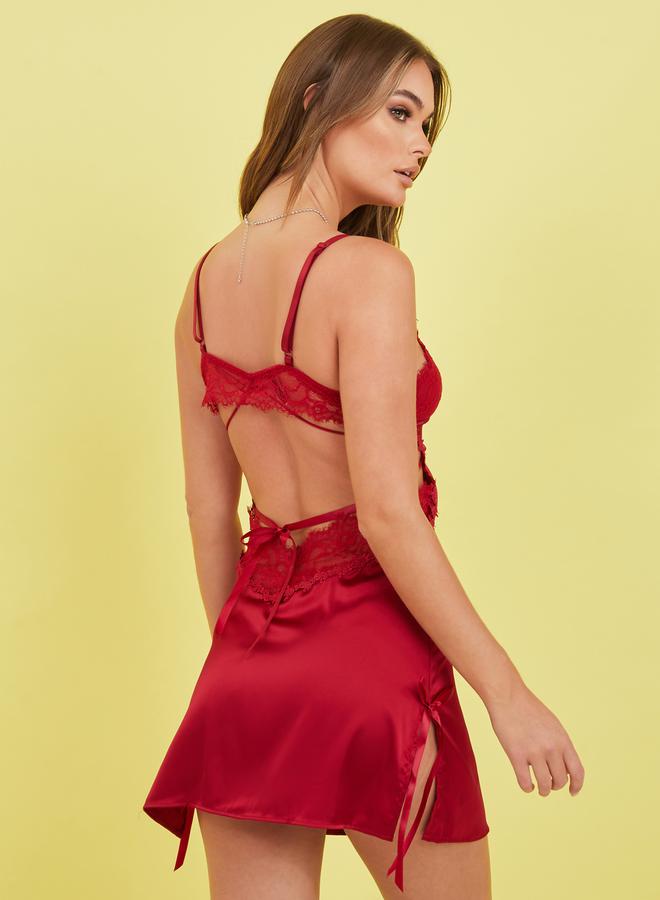 Styli Satin and Lace Strap Detail Bow Apex Slip Dress - Image 4
