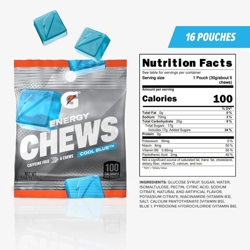 Gatorade Energy Chews Cool Blue Caffeine Free B12 106 oz  100 Calorie Pouches 16 Pack - Image 2