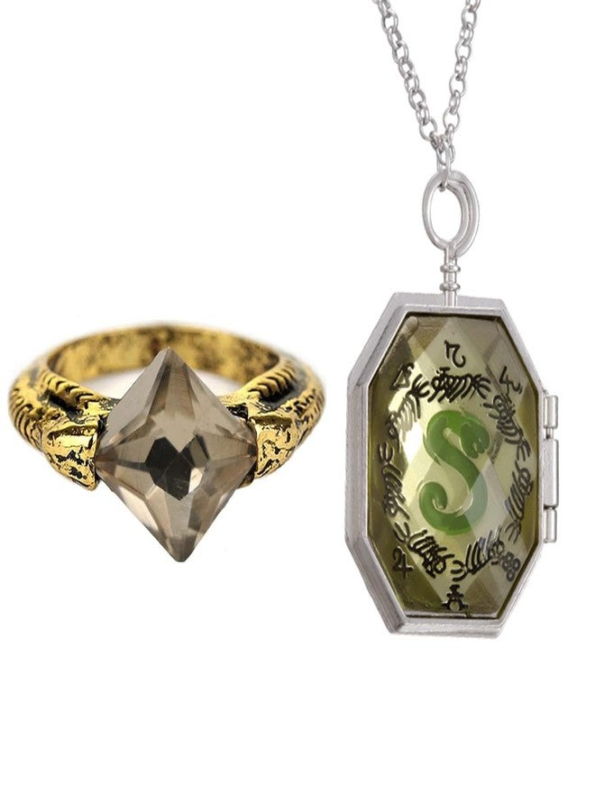 JinYu 2 Set Horcrux Necklace and Magic Ring Stone Retro Bronze Jewelry Cosplay for Fans (Grey) - Image 1
