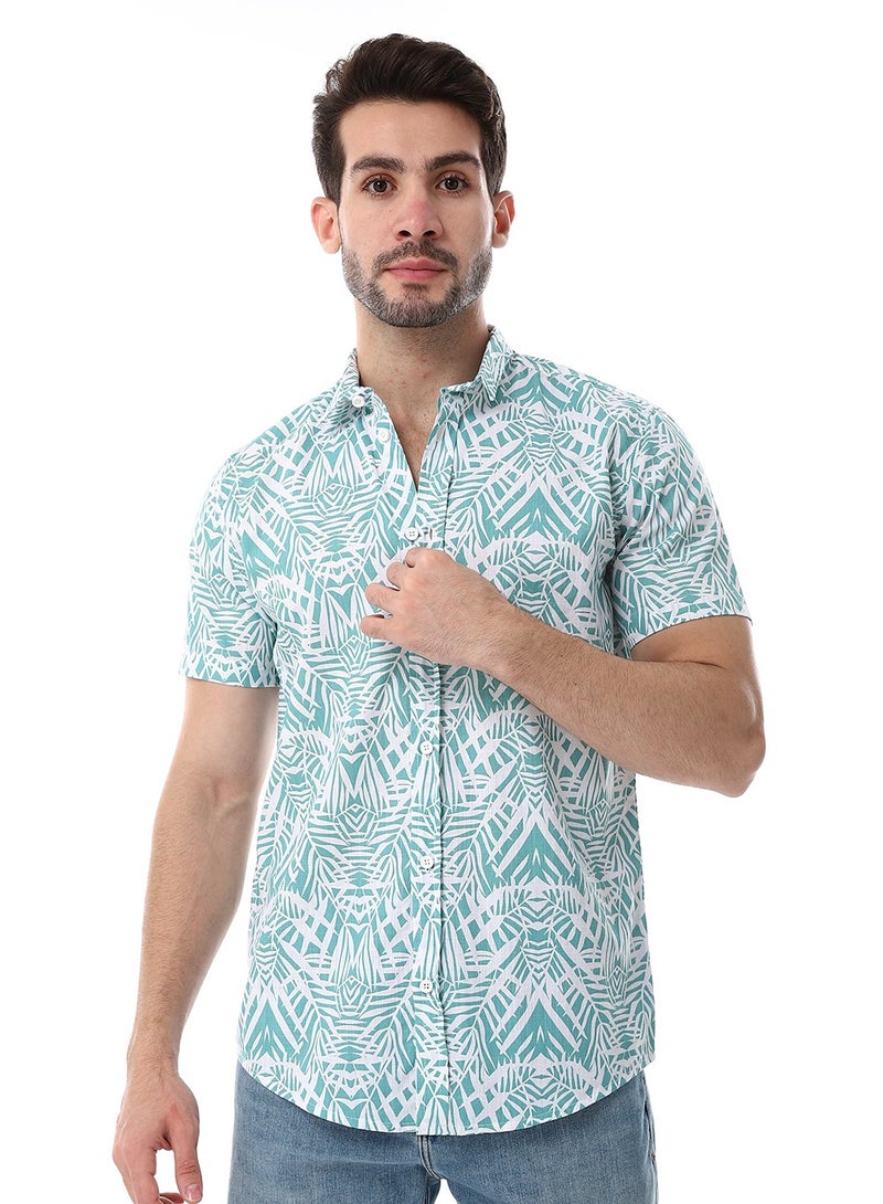 WHITE RABBIT Palm Pattern Short Sleeves Shirt - Mint Green & White  - Image 1