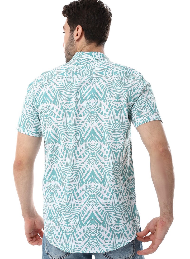 WHITE RABBIT Palm Pattern Short Sleeves Shirt - Mint Green & White  - Image 3