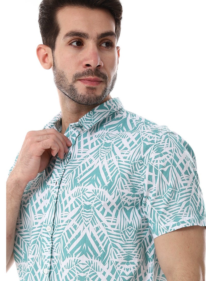WHITE RABBIT Palm Pattern Short Sleeves Shirt - Mint Green & White  - Image 4