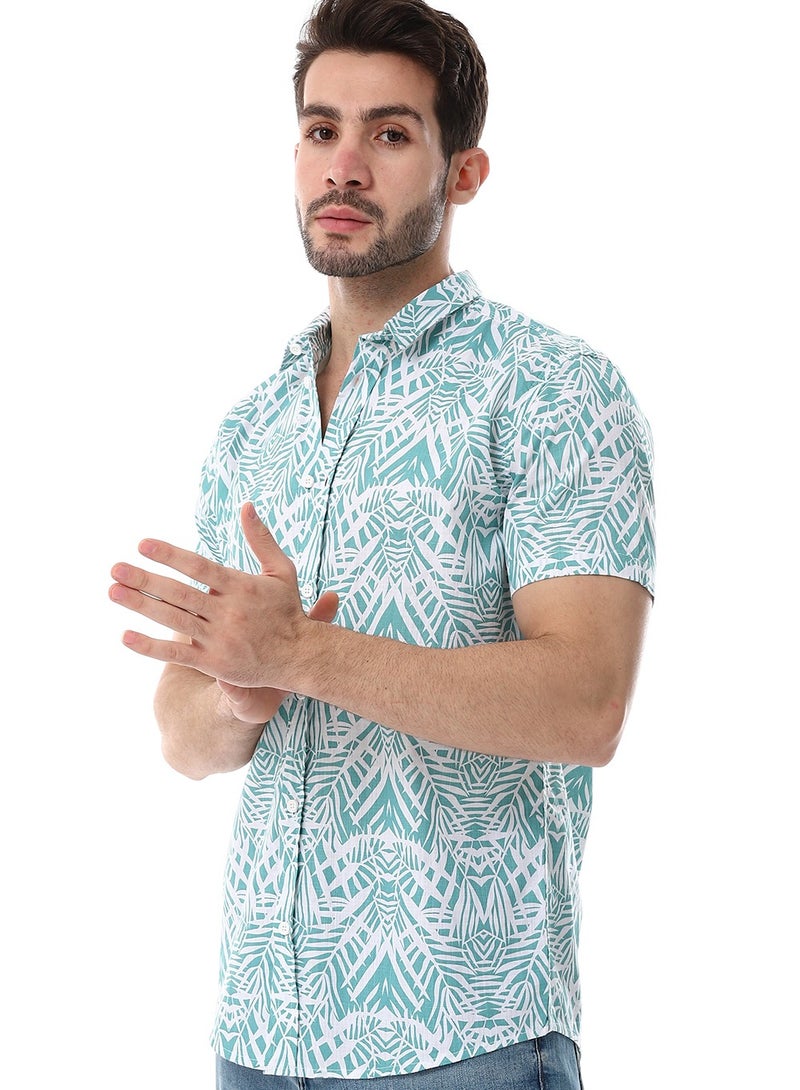 WHITE RABBIT Palm Pattern Short Sleeves Shirt - Mint Green & White  - Image 2