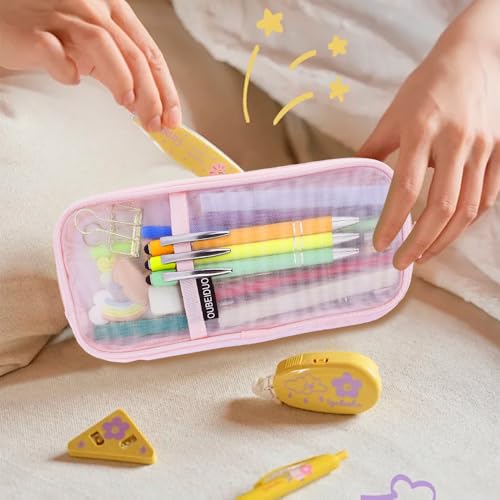 Leislam Pink Mesh Pencil Pouch - Clear Zipper Case, Large Capacity Cosmetics Organizer Box for Adults & Travel - Aesthetic Pen Bag for Office & School Supplies - Image 5