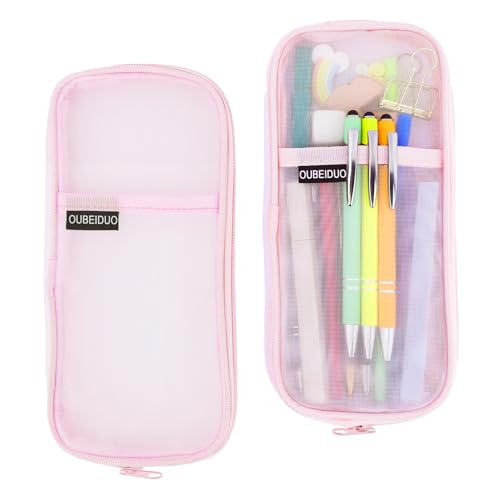 Leislam Pink Mesh Pencil Pouch - Clear Zipper Case, Large Capacity Cosmetics Organizer Box for Adults & Travel - Aesthetic Pen Bag for Office & School Supplies - Image 1
