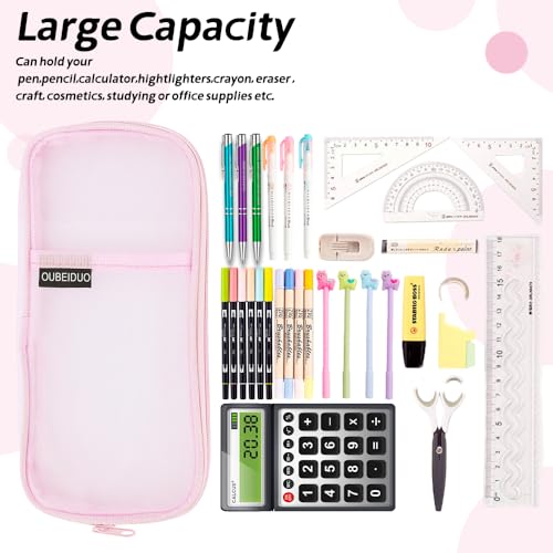 Leislam Pink Mesh Pencil Pouch - Clear Zipper Case, Large Capacity Cosmetics Organizer Box for Adults & Travel - Aesthetic Pen Bag for Office & School Supplies - Image 2