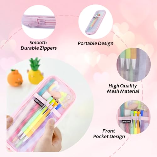 Leislam Pink Mesh Pencil Pouch - Clear Zipper Case, Large Capacity Cosmetics Organizer Box for Adults & Travel - Aesthetic Pen Bag for Office & School Supplies - Image 4