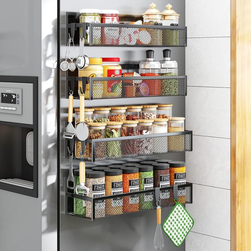 Aufworld Magnetic Spice Rack for Refrigerator, 4 Pack Magnetic Shelf, Fridge Magnet Organizer with Moveable 8 Hooks, Magnetic Fridge Shelf for Kitchen Organization and Storage (4 Pack) - Image 1