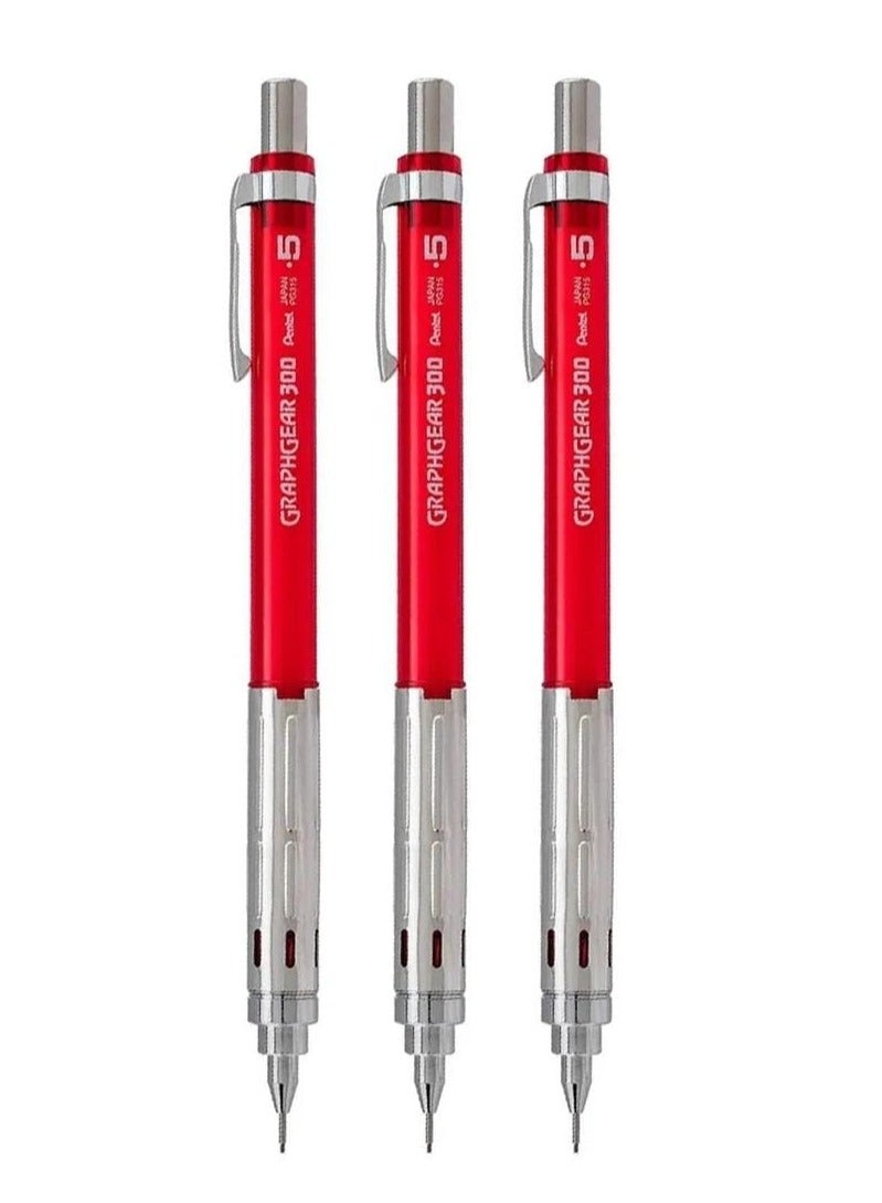 Pentel 3-Piece Graph Gear 300 Mechanical Pencil 0.5mm Tip Red Barrel - Image 1