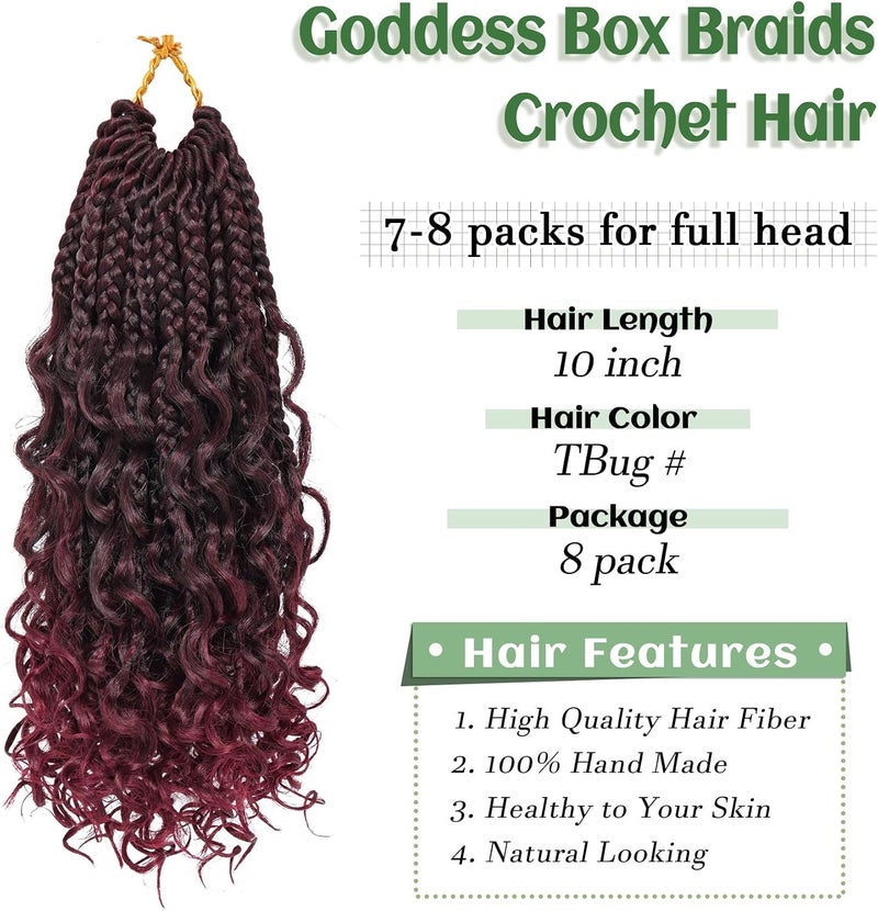 Eerya Goddess Box Braids Crochet Hair 10 Inch 8 Packs Pre-looped Bohemian Crochet Boho Box Braids With Curly Ends Red Burgundy 3X Crochet Braids Hair for Women Synthetic Braiding Hair 16 Strands (#1B/BUG) - Image 3
