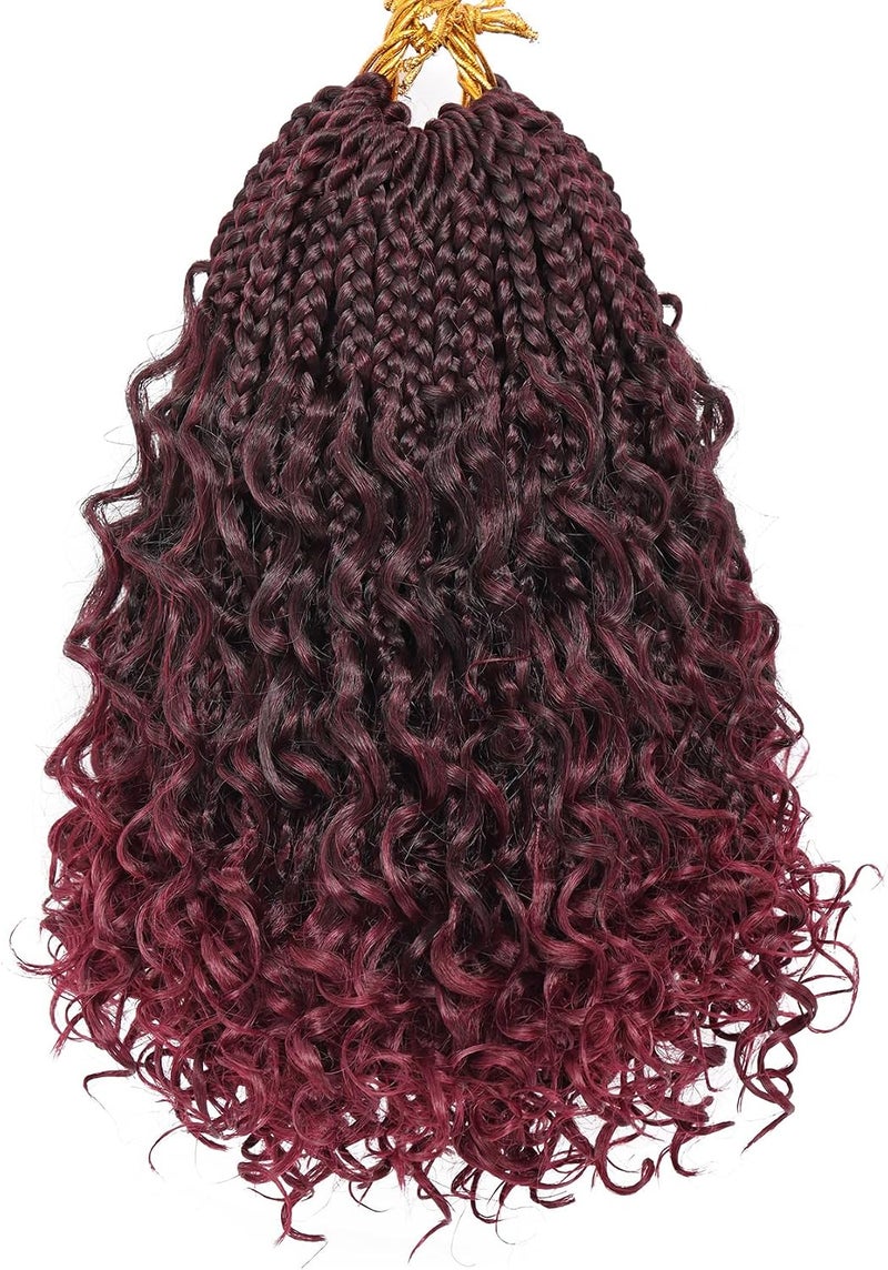 Eerya Goddess Box Braids Crochet Hair 10 Inch 8 Packs Pre-looped Bohemian Crochet Boho Box Braids With Curly Ends Red Burgundy 3X Crochet Braids Hair for Women Synthetic Braiding Hair 16 Strands (#1B/BUG) - Image 1