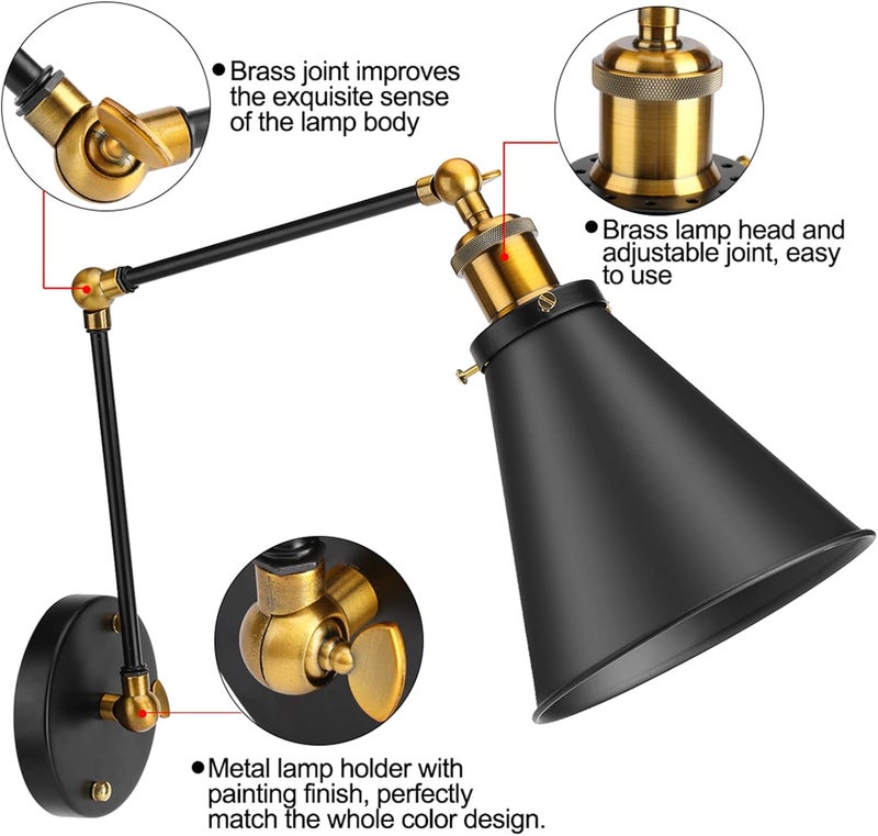 Swing Arm Wall Lamp,Black Wall Sconces Adjustable Vintage Ambient Wall Lamp Classic Industrial Metal Wall Sconce Adjustable Wall Lamp Industrial Loft Wall Sconces for Lighting - Image 2
