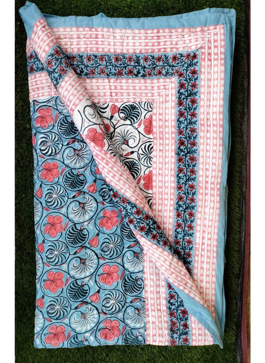Fortune Creation Fortune Creation Pure White Cotton Feeling Bed Hand Block Printed RajaiBlanket for Winter Turquoise Double  - Image 4