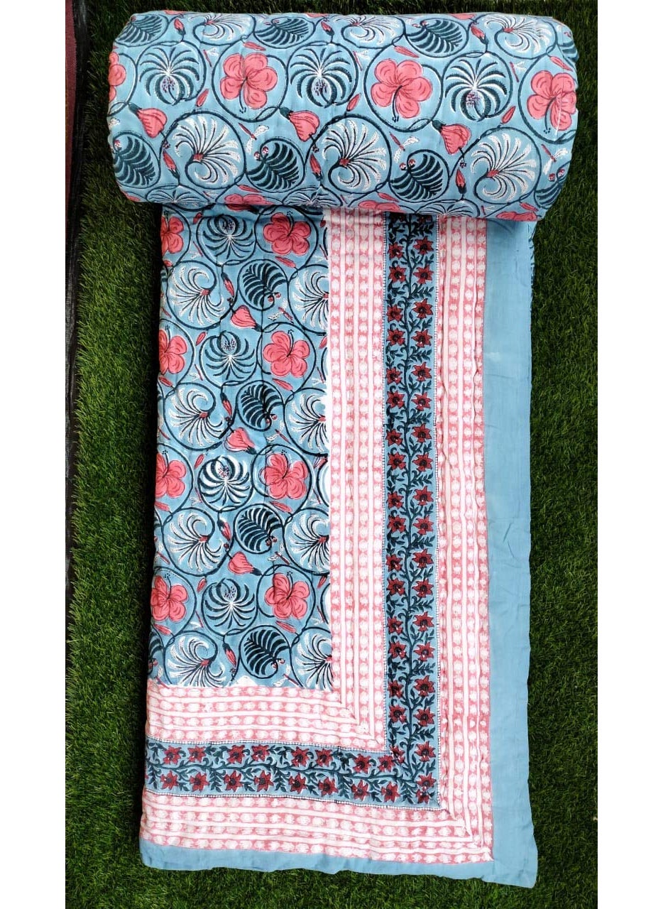 Fortune Creation Fortune Creation Pure White Cotton Feeling Bed Hand Block Printed RajaiBlanket for Winter Turquoise Double  - Image 2
