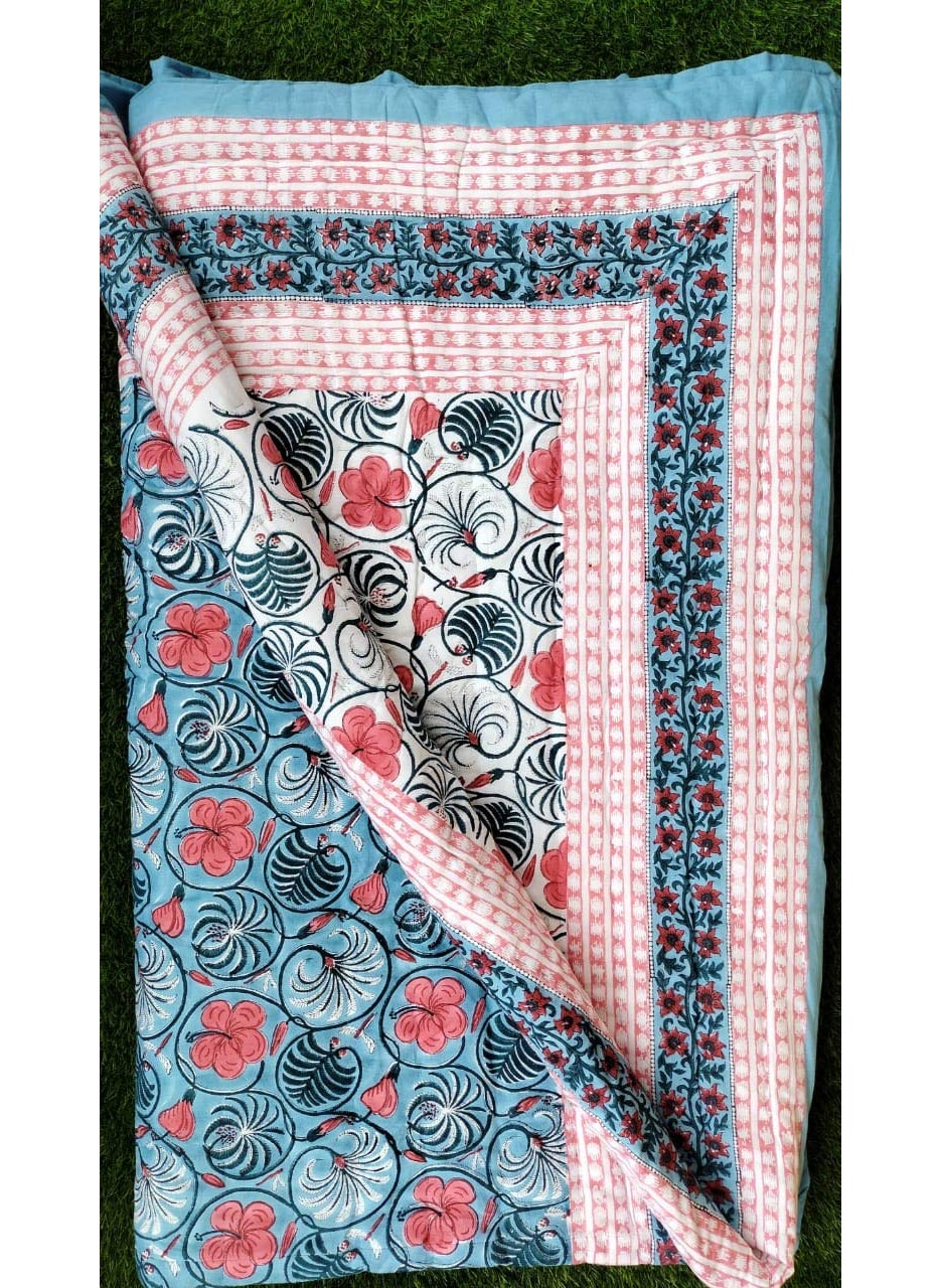 Fortune Creation Fortune Creation Pure White Cotton Feeling Bed Hand Block Printed RajaiBlanket for Winter Turquoise Double  - Image 3