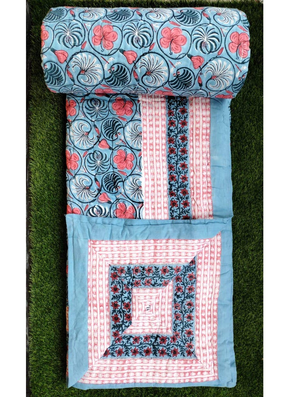 Fortune Creation Fortune Creation Pure White Cotton Feeling Bed Hand Block Printed RajaiBlanket for Winter Turquoise Double  - Image 5
