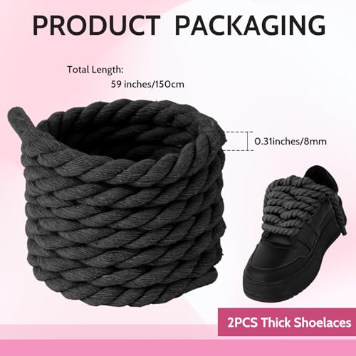 Molain Thick Rope Shoe Laces for A F-1, 1 Pair Round Cotton Chunky Twisted Shoelaces Replacement for A F-1 (black) - Image 2