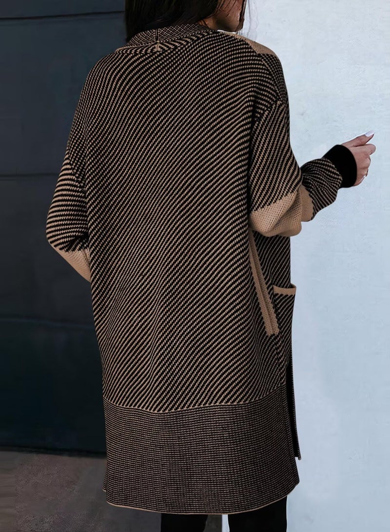 Astylish Women's Long Oversized Cardigan Tops Business Work Color Block Open Front Casual Knit Sweater Outwear Fall Outfits Black Medium - Image 3