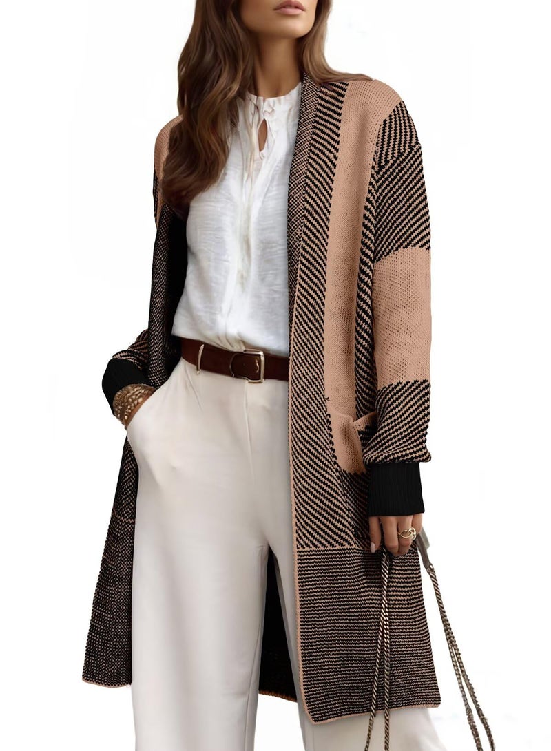 Astylish Women's Long Oversized Cardigan Tops Business Work Color Block Open Front Casual Knit Sweater Outwear Fall Outfits Black Medium - Image 4