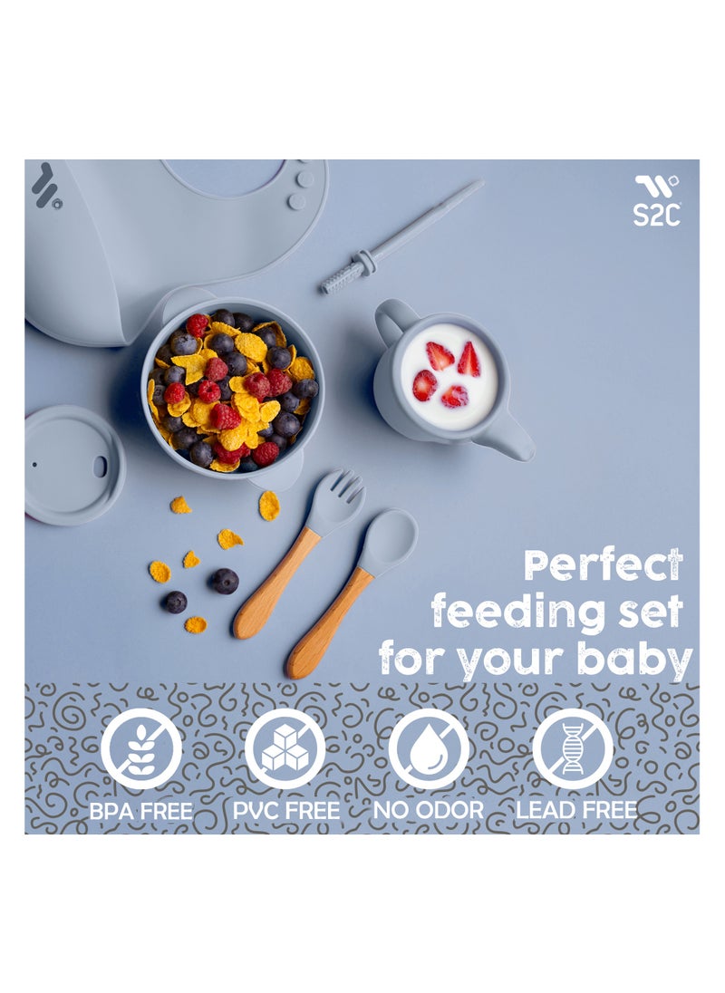 S2C 6 Pcs Silicone Baby Feeding Set, Baby Led Weaning Set, Feeding Supplies for Toddlers New Born Baby Gift Set, Suction Silicone Baby Plate with Divider,Baby Feeder,Bib,Spoon (SKY BLUE)  - Image 2