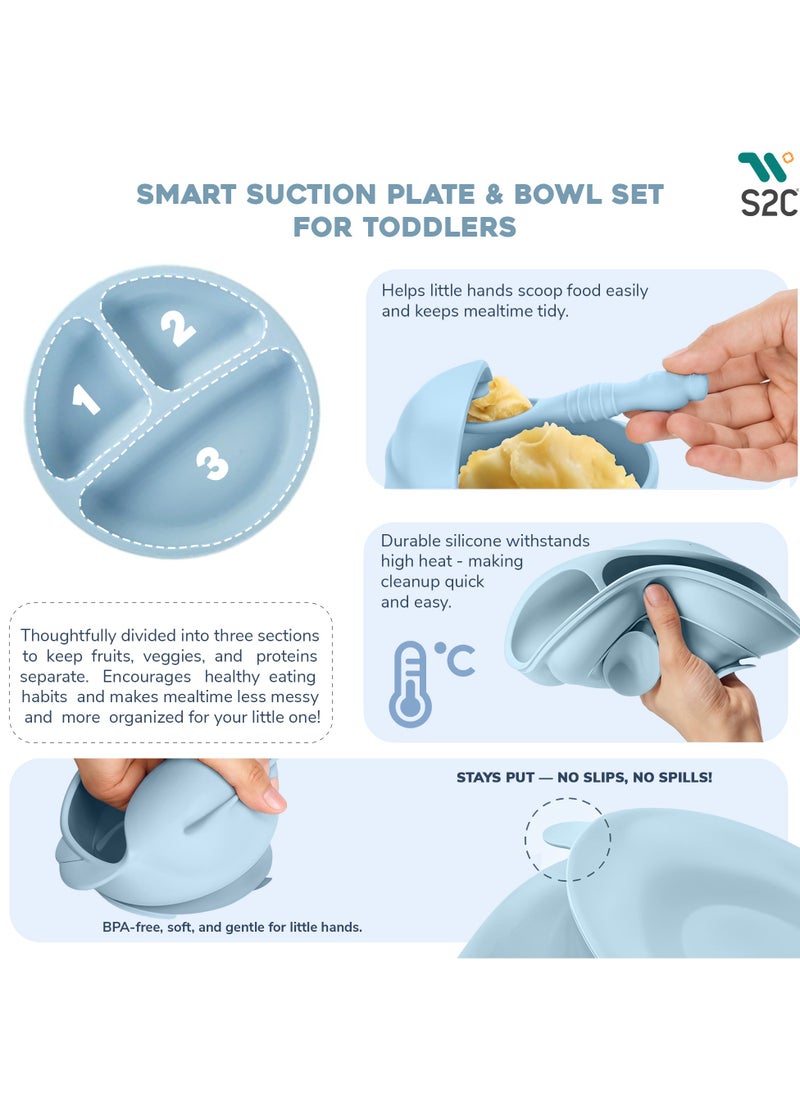 S2C 6 Pcs Silicone Baby Feeding Set, Baby Led Weaning Set, Feeding Supplies for Toddlers New Born Baby Gift Set, Suction Silicone Baby Plate with Divider,Baby Feeder,Bib,Spoon (SKY BLUE)  - Image 5