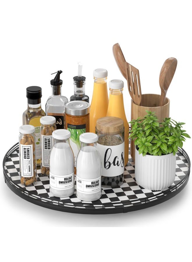 AMH 16" Black and White Kitchen Lazy Susan Turntable, Round Checkered Decorative Tray, Large Lazy Susan for Dining Table Centerpiece, Pantry, Kitchen, Bathroom, Countertop, Cupboard, Home Decor - Image 1