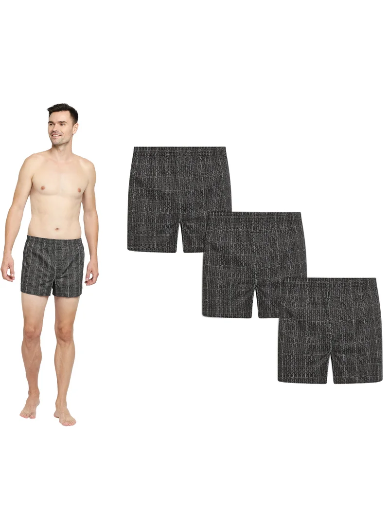 BYC MEN'S PRINTED COTTON BOXER SHORTS (PACK OF 3) - BLACK