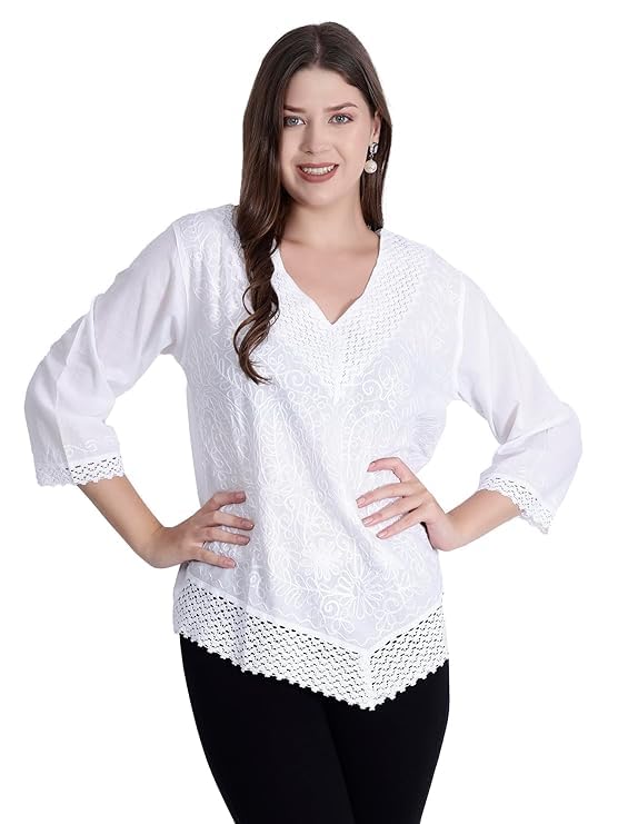 Ukal Hand Embroidered Cotton Tunic, Full Sleeves, Chikan Relaxed Fit Kurti, Boho Short Ethnic Dress for Women - Image 1