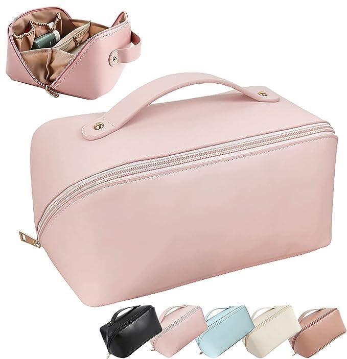 BRIGHTZONE Large Capacity Cosmetic Travel Bag Portable Leather Makeup Storage Bags with Handle and Divider Wide Opening CosmeticMakeup Organizer Multicolor - Image 1