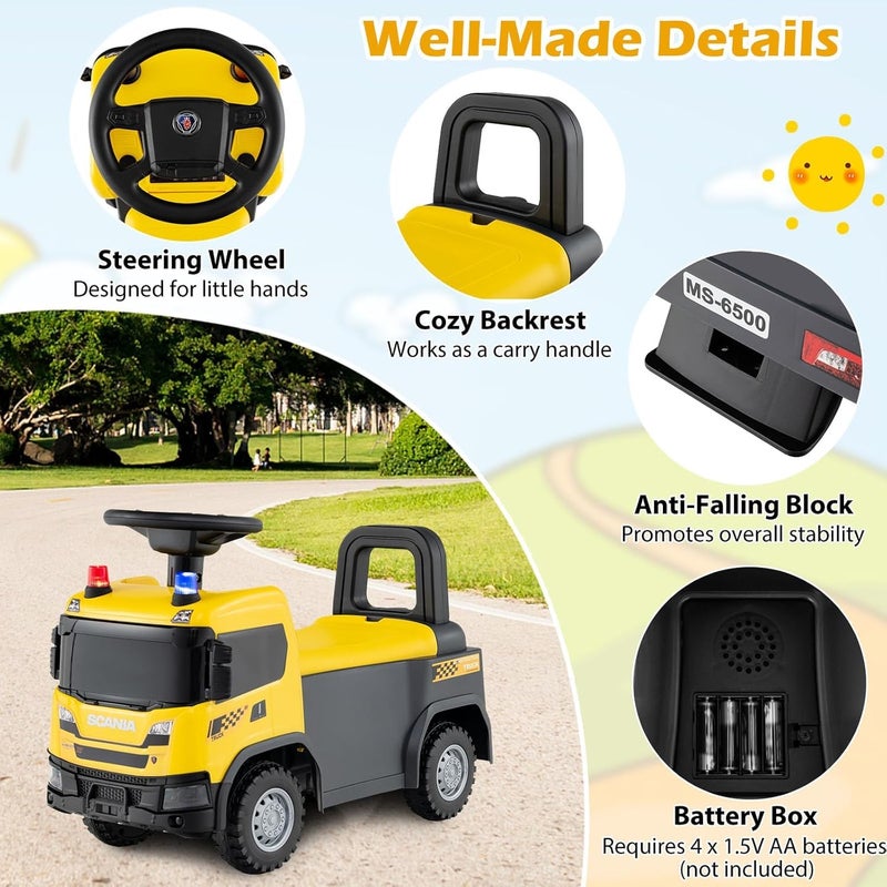 The Toys Home Licensed Scania Kids Ride-On Truck, Yellow Push Along Car with Steering Wheel, Lights and Sounds, Horn and Music, Under-Seat Storage, 18 Months+ (Yellow) - Image 5