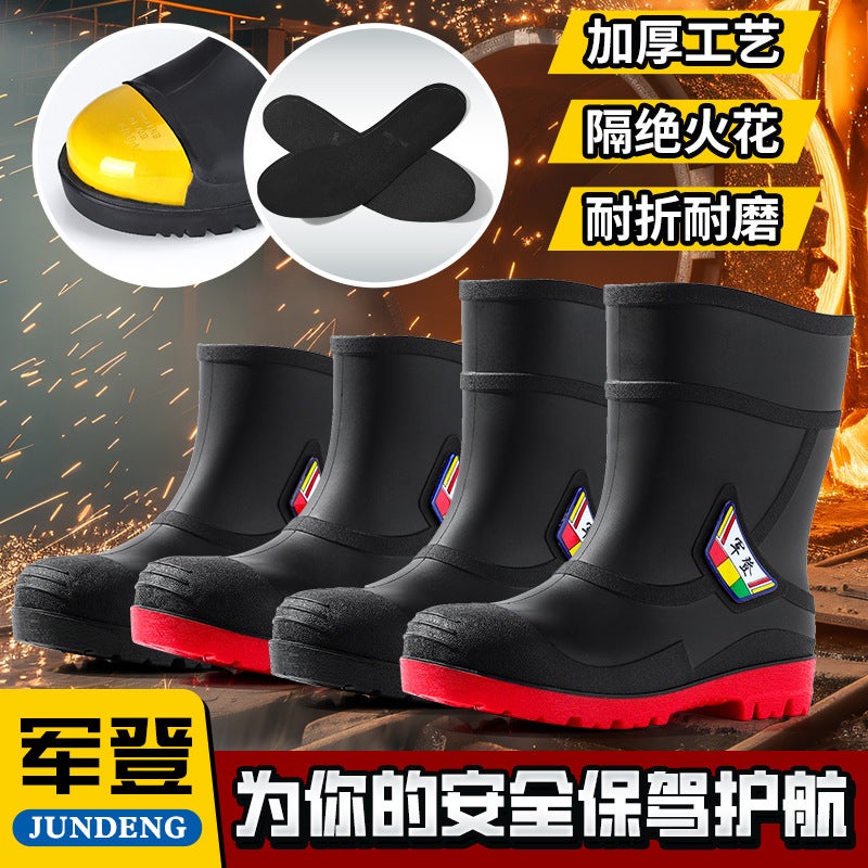 Short Cylinder Steel Head And Steel Sole Men'S Rain Boots Anti-Smash And Anti-Tie Labor Protection Shoes Water Shoes Waterproof Non-Slip Wear-Resistant Rain Boots Mine Boots - Image 3