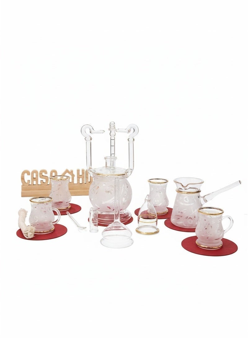 كذا هوم Casa Home طقم تقديم قهوة وشاي عربي زجاج، 9 قطع، شفاف وردي وذهبي وأحمر، طقم ضيافة فاخر للتقديم الأنيق واستقبال الضيوف - Image 1