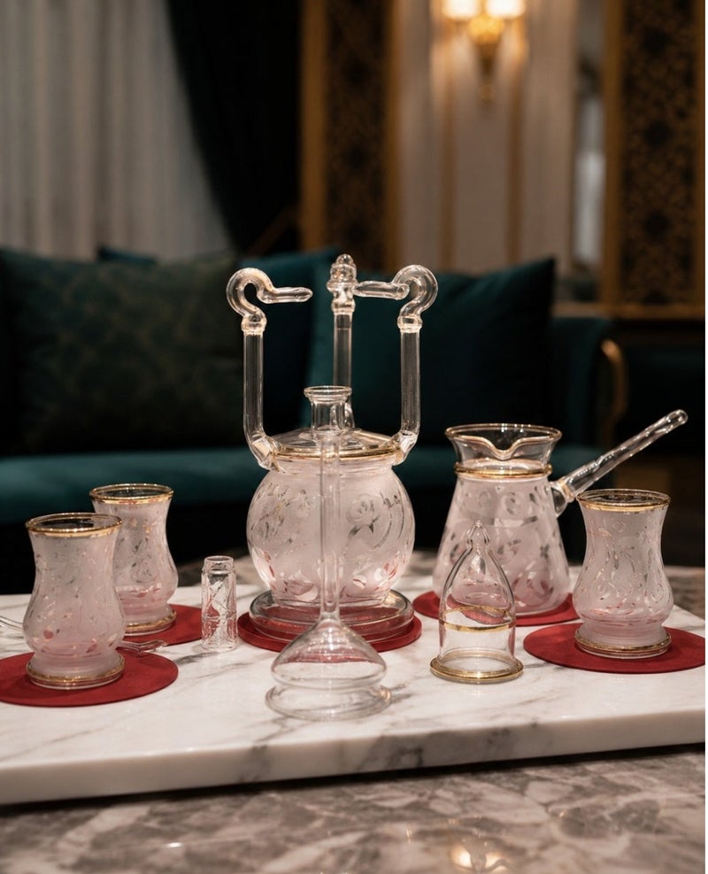 كذا هوم Casa Home طقم تقديم قهوة وشاي عربي زجاج، 9 قطع، شفاف وردي وذهبي وأحمر، طقم ضيافة فاخر للتقديم الأنيق واستقبال الضيوف - Image 2