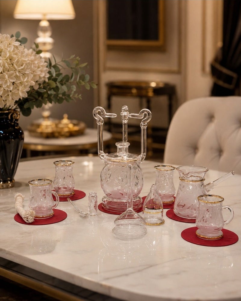 كذا هوم Casa Home طقم تقديم قهوة وشاي عربي زجاج، 9 قطع، شفاف وردي وذهبي وأحمر، طقم ضيافة فاخر للتقديم الأنيق واستقبال الضيوف - Image 4