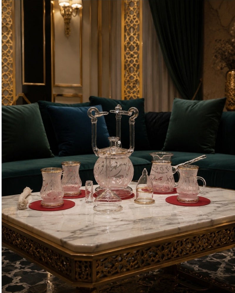 كذا هوم Casa Home طقم تقديم قهوة وشاي عربي زجاج، 9 قطع، شفاف وردي وذهبي وأحمر، طقم ضيافة فاخر للتقديم الأنيق واستقبال الضيوف - Image 5