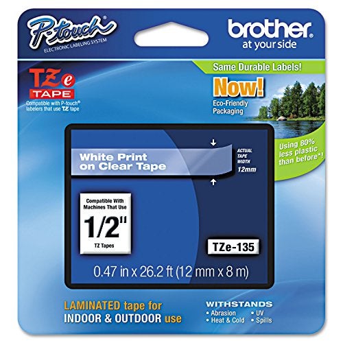 Brother Genuine P-Touch TZE-135 Tape, 1/2" (12 mm) Standard Laminated P-Touch Tape, White On Clear, Laminated for Indoor or Outdoor Use, Water-Resistant 26.2 ft (8 m), Single-Pack - Image 2