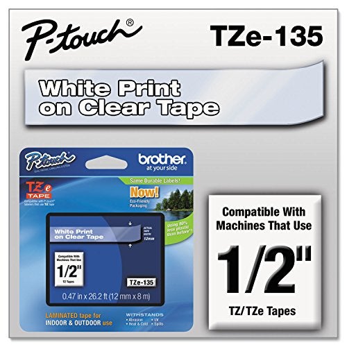 Brother Genuine P-Touch TZE-135 Tape, 1/2" (12 mm) Standard Laminated P-Touch Tape, White On Clear, Laminated for Indoor or Outdoor Use, Water-Resistant 26.2 ft (8 m), Single-Pack - Image 1