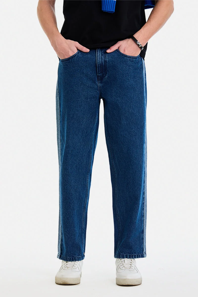 سنيتش Dark Indigo Colour Blocked Wide Leg Streetwear Jeans