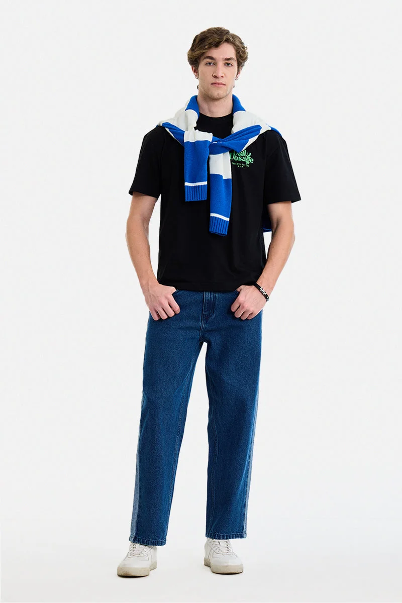 سنيتش Dark Indigo Colour Blocked Wide Leg Streetwear Jeans