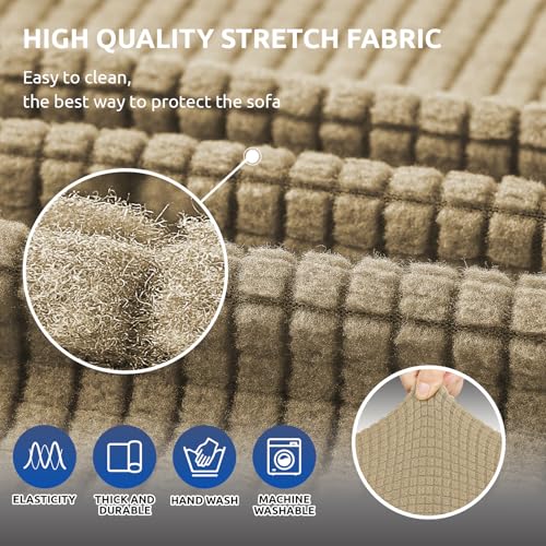 KEKUOU Stretch Sofa Cover Slipcover ，Couch Covers for 3 Cushion Couch Sofa pet Friendly (79"-94") Furniture Protector Sofa with Elastic Bottom for Kids,Dog, Jacquard Small Checked(Large,Tan) - Image 5