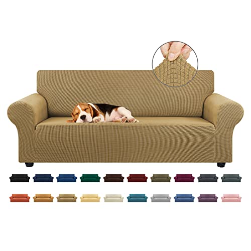 KEKUOU Stretch Sofa Cover Slipcover ，Couch Covers for 3 Cushion Couch Sofa pet Friendly (79"-94") Furniture Protector Sofa with Elastic Bottom for Kids,Dog, Jacquard Small Checked(Large,Tan) - Image 1