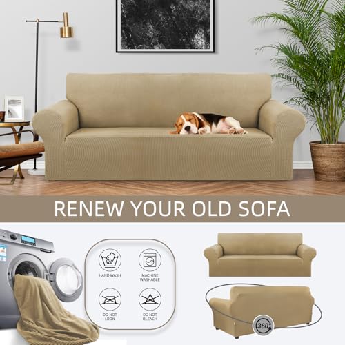 KEKUOU Stretch Sofa Cover Slipcover ，Couch Covers for 3 Cushion Couch Sofa pet Friendly (79"-94") Furniture Protector Sofa with Elastic Bottom for Kids,Dog, Jacquard Small Checked(Large,Tan) - Image 2