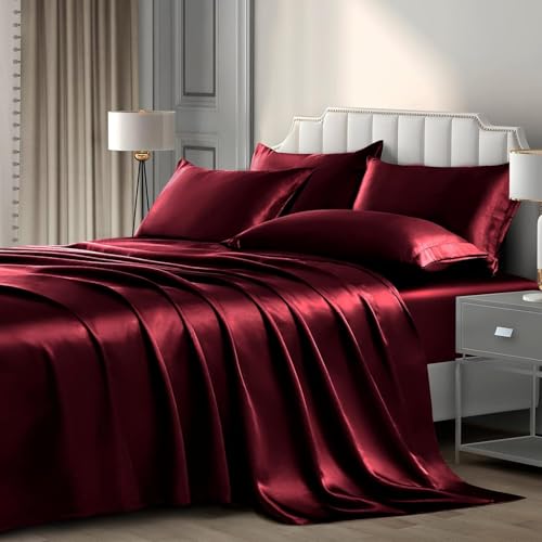 elanorhomes 300TC Premium Satin King Size Bedsheet 93 * 108 inches with 2 Pillow Covers | Ideal for Summers & Winters | Valentine for Couples, Romantic Dates, and Weddings (Duke's Wine) - Image 1