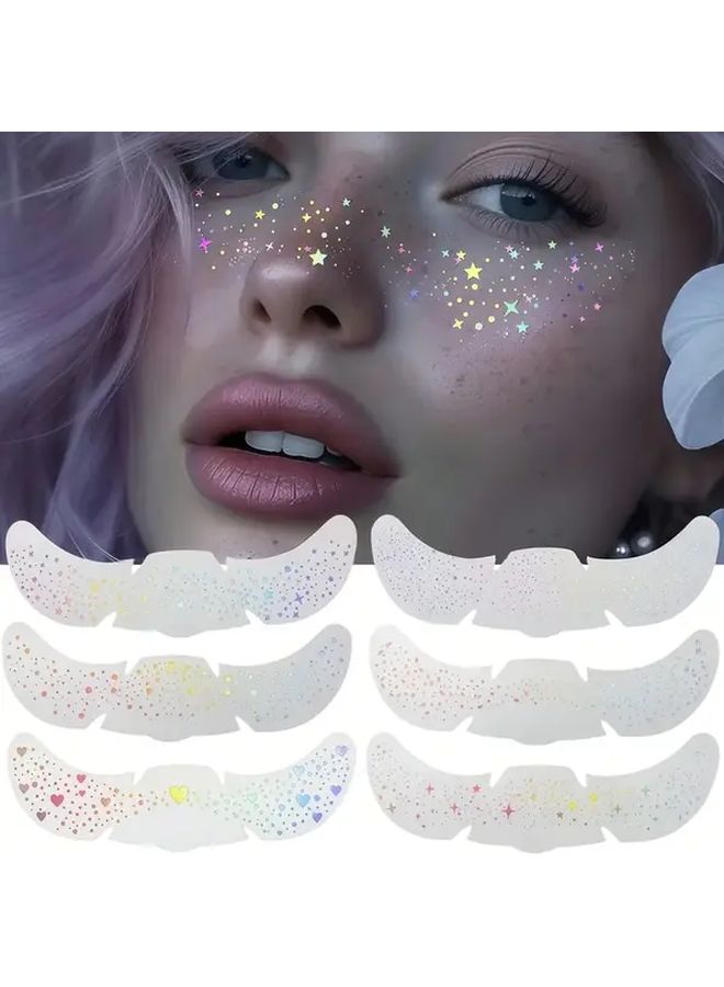 6pcs Holographic Face Stickers Sparkling Star Heart Dot Patterns Festival Makeup - Image 1
