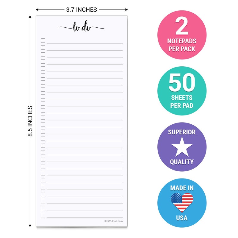 321Done 2-Pack Skinny To Do List Notepad, Made in USA - 3.7x8.5, College Ruled, Simple Stylish To-Dos Memo Pad for Planning, Tasks, Appointments, Reminders, Home, Office - 50 Sheets per Pad - Image 2
