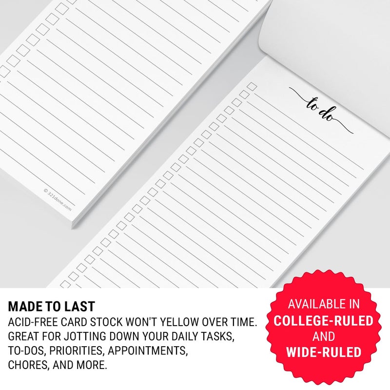 321Done 2-Pack Skinny To Do List Notepad, Made in USA - 3.7x8.5, College Ruled, Simple Stylish To-Dos Memo Pad for Planning, Tasks, Appointments, Reminders, Home, Office - 50 Sheets per Pad - Image 4